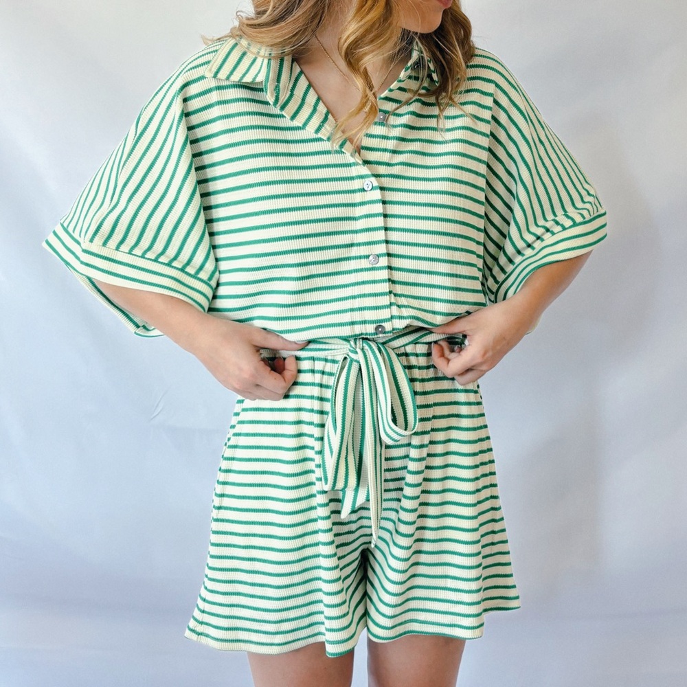 Green & Cream Striped Casual Button-Up Romper